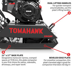 Tomahawk Vibratory Plate Compactor Tamper with Kohler Engine for Dirt Gravel Soil Compaction - Machine Horizon