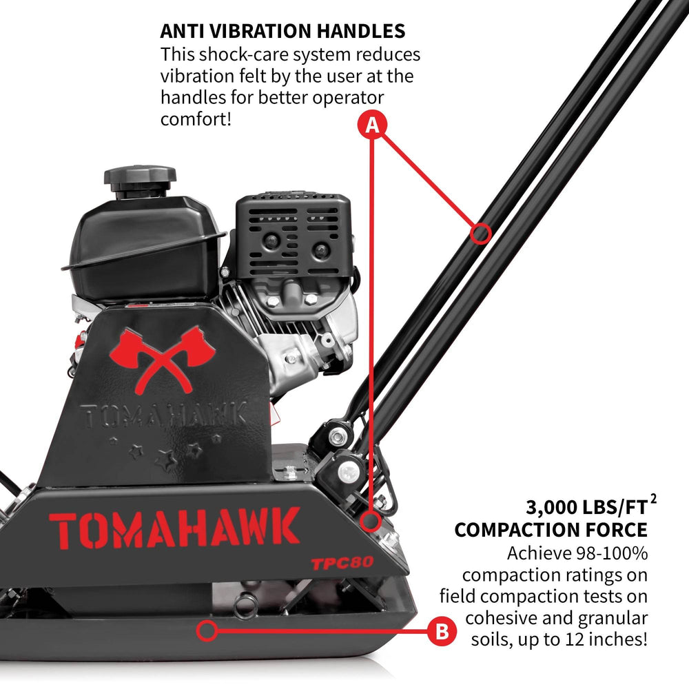 Tomahawk Vibratory Plate Compactor Tamper with Kohler Engine for Dirt Gravel Soil Compaction - Machine Horizon