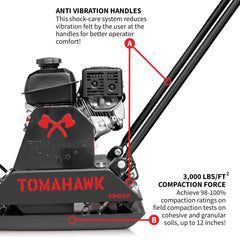 Tomahawk Vibratory Plate Compactor Tamper with Kohler Engine for Dirt Gravel Soil Compaction - Machine Horizon