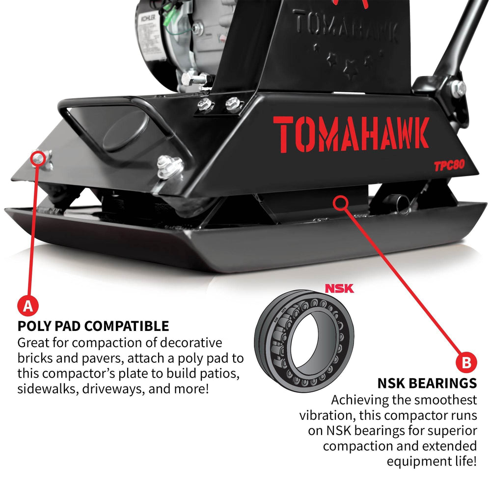 Tomahawk Vibratory Plate Compactor Tamper with Kohler Engine for Dirt Gravel Soil Compaction - Machine Horizon