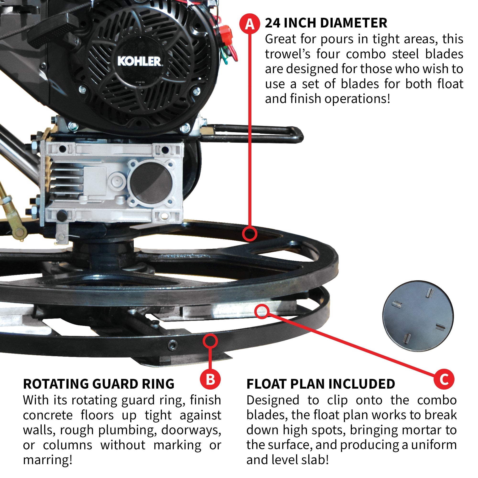 Tomahawk 24" Concrete Power Trowel Edger 6HP Kohler Float Pan Blade Screed Finishing Tool - Machine Horizon Tomahawk 24" Concrete Power Trowel Edger 6HP Kohler Float Pan Blade Screed Finishing Tool - Machine Horizon