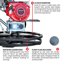 Tomahawk 24" Concrete Power Trowel Edger 5.5HP Honda Float Pan Blade Screed Finishing Tool - Machine Horizon