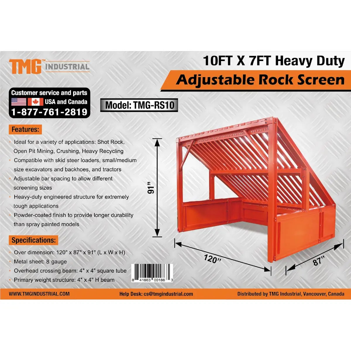 10' Heavy Duty Static Grizzly Rock Screen, Adjustable Bolt-On Deck Bars, 4" x 4" I-Beams, 5000 lb Load Capacity, TMG-RS10