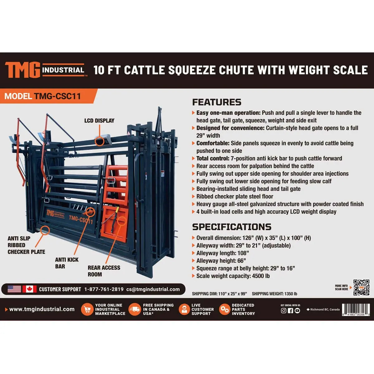 10' Squeeze Cattle Work Chute 4500-lb Weight Scale, Side Exit, Side Squeeze, Upper/Lower Swing Openings, LCD Weight Display, TMG-CSC11