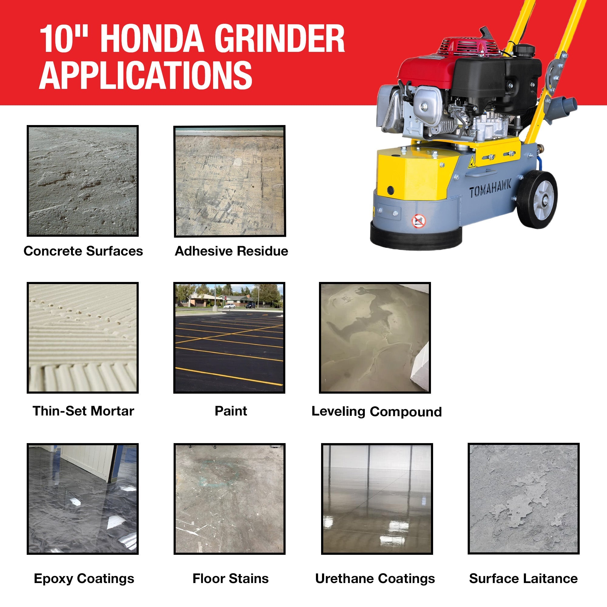 Tomahawk 10" Honda Concrete Floor Grinder 10HP GXV390 Motor for Smoothing, Floor Prep, Coatings