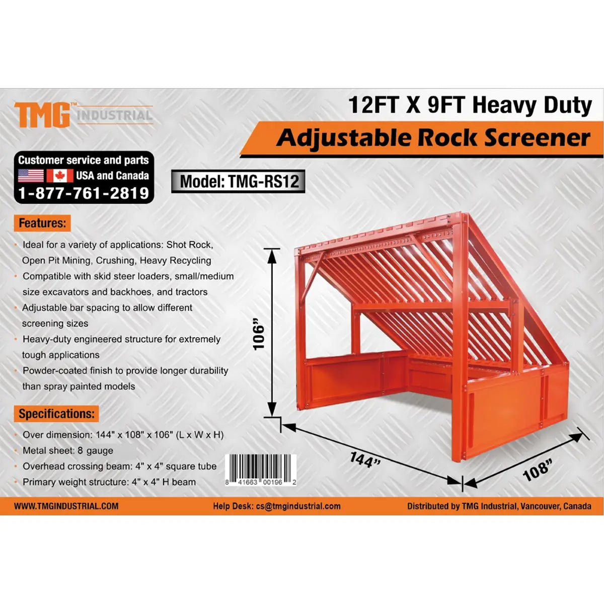 12' Heavy Duty Static Grizzly Rock Screen, Adjustable Bolt-On Deck Bars, 4" x 4" I-Beams, 5000 lb Load Capacity, TMG-RS12