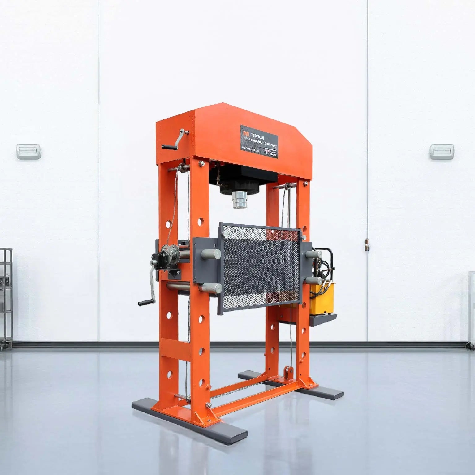 150 Ton Capacity Electric Hydraulic Shop Press, Heavy Duty Pressing, Protective Grid Guard, Fully Welded H-Frame, TMG-SP150