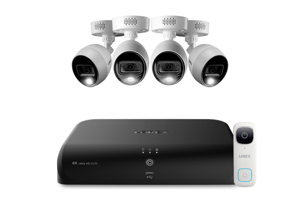 Lorex Fusion 4K 12-Channel (8 Wired + 4 Wi-Fi) 2TB DVR System with 4 Analog Active Deterrence Cameras and 2K Wired Video Doorbell