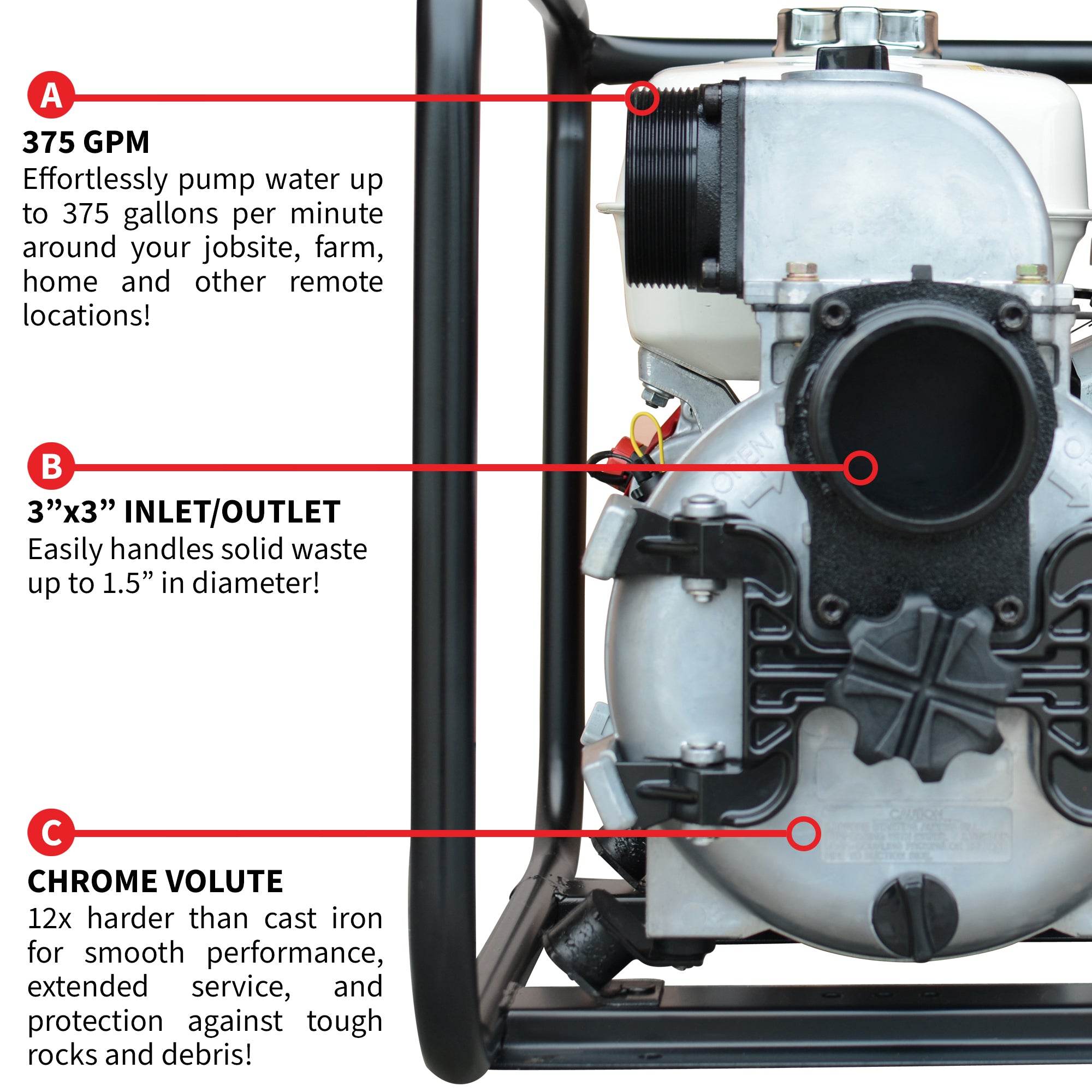 Tomahawk 3 Inch Trash Water Pump 375 GPM 8 HP GX270 powered by Honda Portable Utility - Machine Horizon