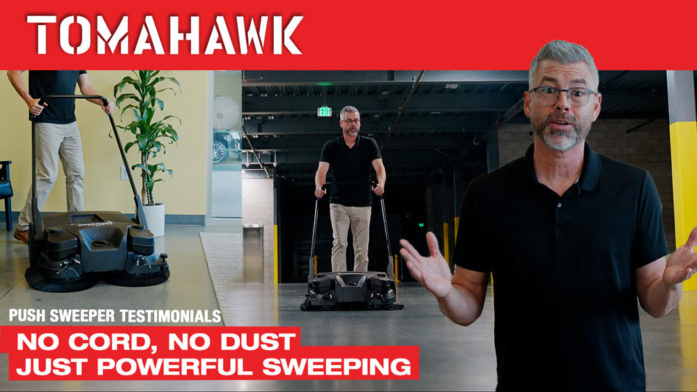 Tomahawk 30" Battery Powered Push Sweeper with Triple Power Brooms Electric Drive and Dust Suppression Sprayer - Machine Horizon