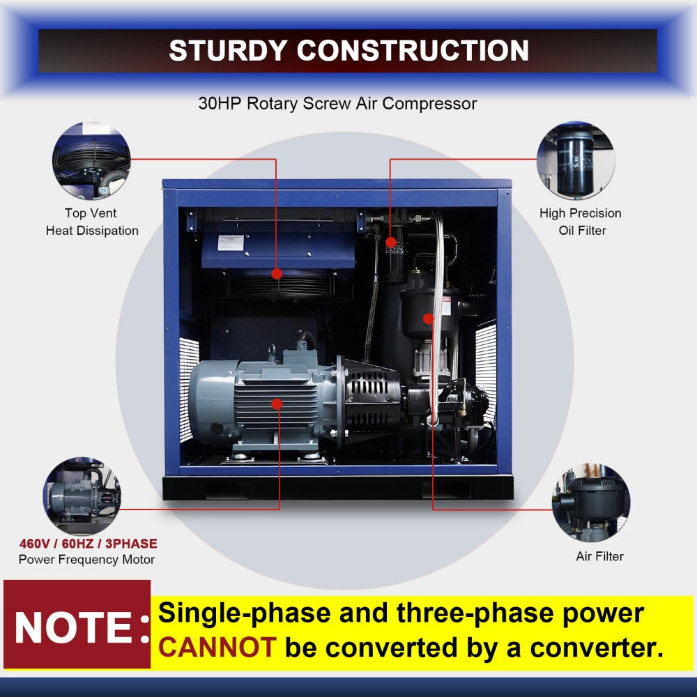 123CFM Rotary Screw Air Compressor, 30HP, 125PSI, 460V 3PHASE 60HZ