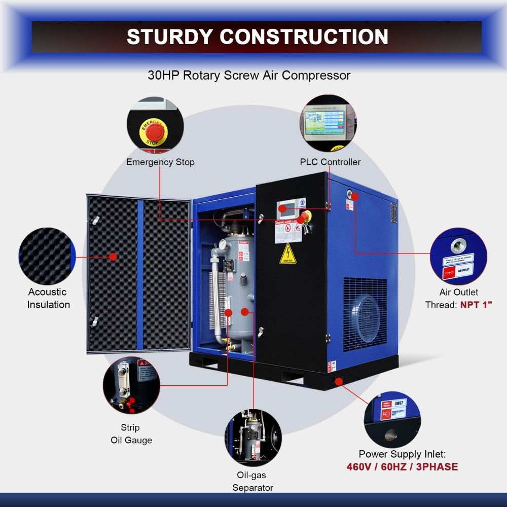123CFM Rotary Screw Air Compressor, 30HP, 125PSI, 460V 3PHASE 60HZ