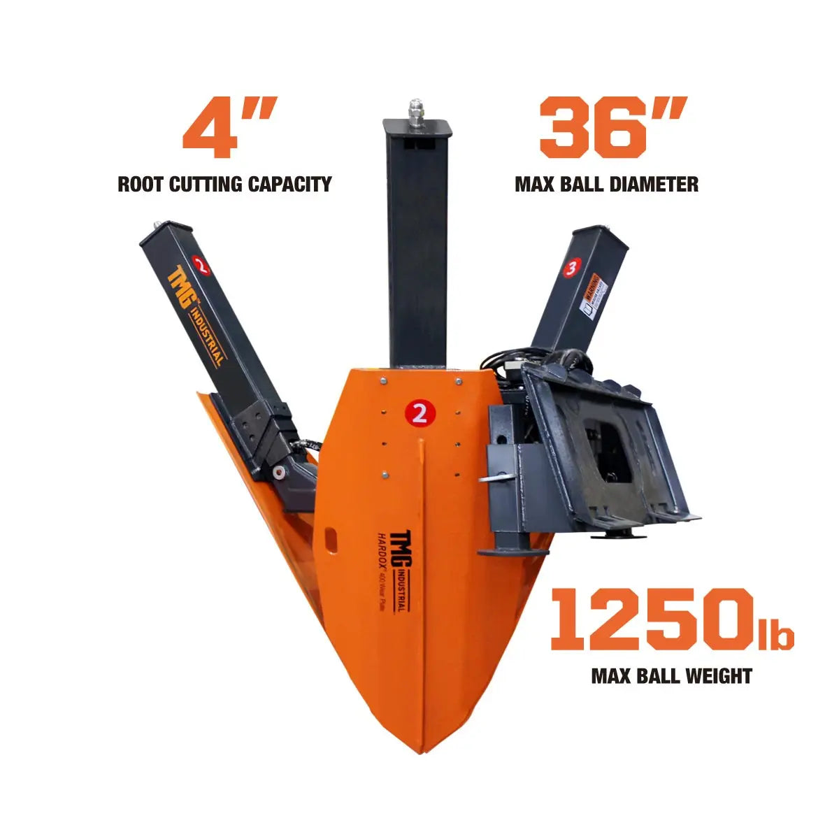 36" Skid Steer Hydraulic Tree Spade, 4" Diameter Cut Capacity, 22" Blade Opening, Hardox 400 Blades, TMG-STS35