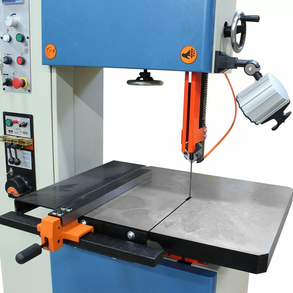 Bandsaw machine with blue and orange accents on a white background