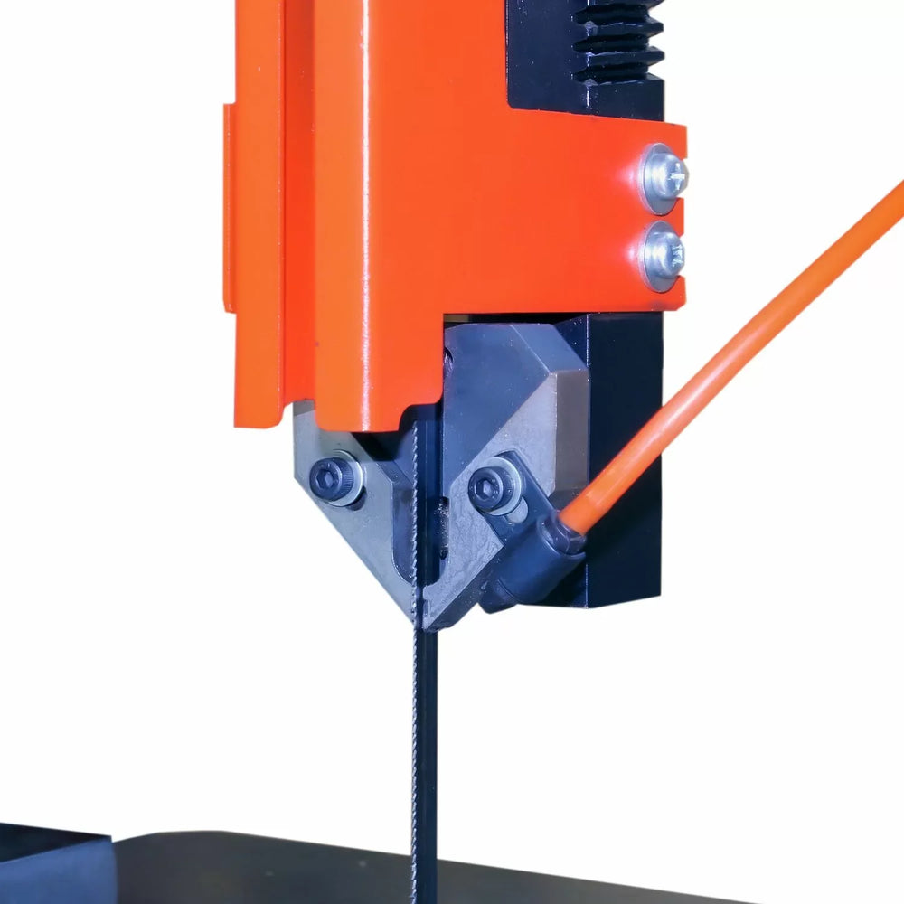 Close-up of a band saw with orange and blue components on a white background