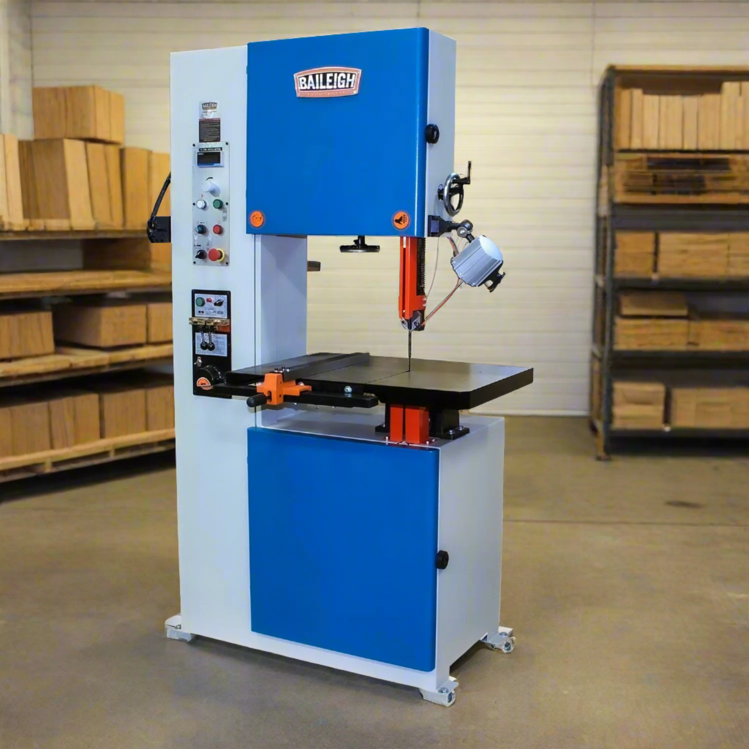 Bailiff band saw machine in a warehouse setting with shelves and boxes in the background.