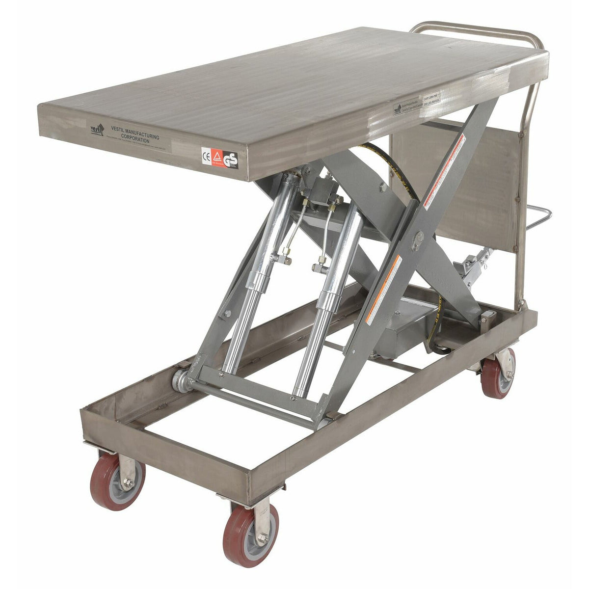 Vestil Partially Stainless Steel Hydraulic Elevating Cart with Foot Pump 24 In. x 47 In. 2000 Lb. Capacity Silver-CART-2000-PSS