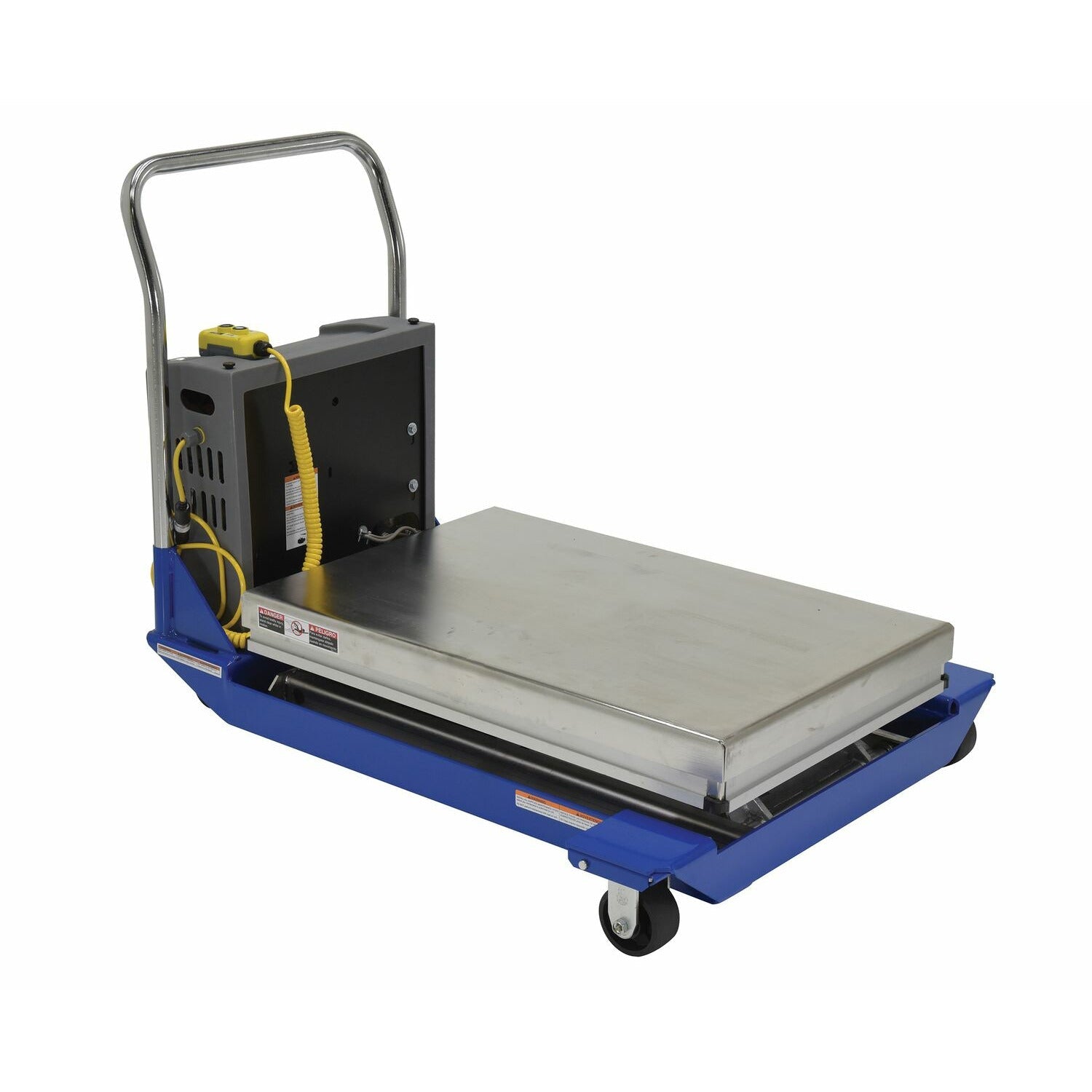Vestil Partially Stainless Steel DC Powered Scissor Cart 36 In. x 24 In. 1000 Lb. Capacity Blue/Yellow -CART-23-10-DC-PSS
