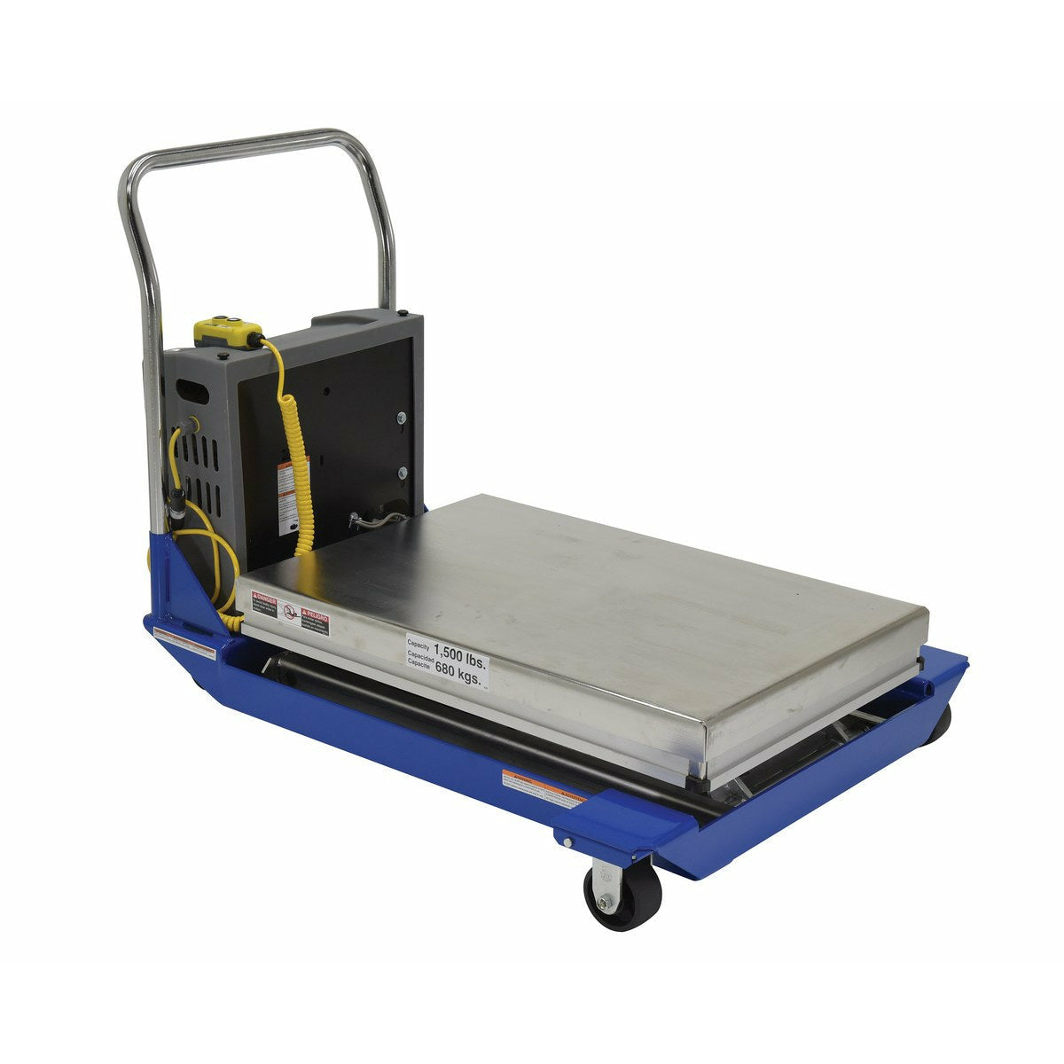 Vestil Partially Stainless Steel DC Powered Scissor Cart 36 In. x 24 In. 1500 Lb. Capacity Blue/Yellow -CART-23-15-DC-PSS