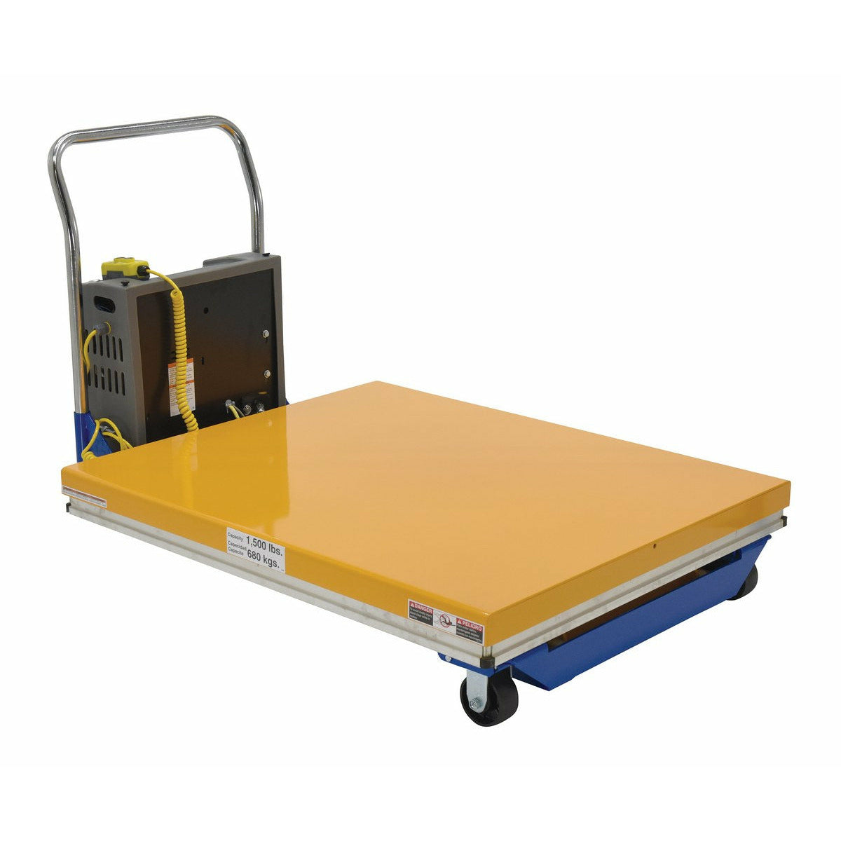 Vestil Steel DC Powered Scissor Cart 48 In. x 40 In. 1500 Lb. Capacity Blue/Yellow -CART-40-15-DC