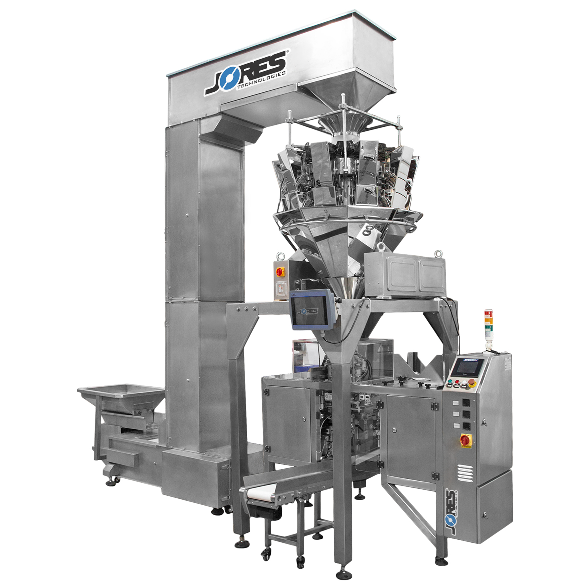 Jores Technologies Complete Vertical Form Fill and Seal (VFFS) Packaging System with 10-Head Radial Weigher