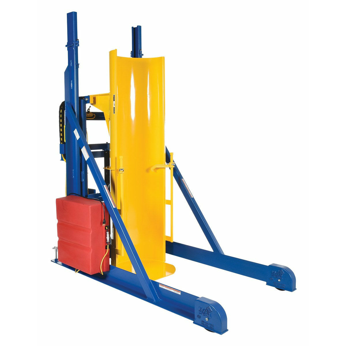 Vestil Steel DC Powered Portable Lift and Dump Hydraulic Drum Dumper 116 In. Dump Height 1,000 Lb. Capacity Blue/Yellow-HLD-116-10-P-DC