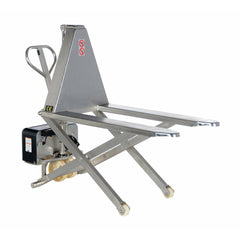 Vestil Stainless Steel DC Powered Tote Lift 63 In. x 26-3/4 In. x 46 In. 2000 Lb. Capacity Blue-L-270-DC-HD-SS
