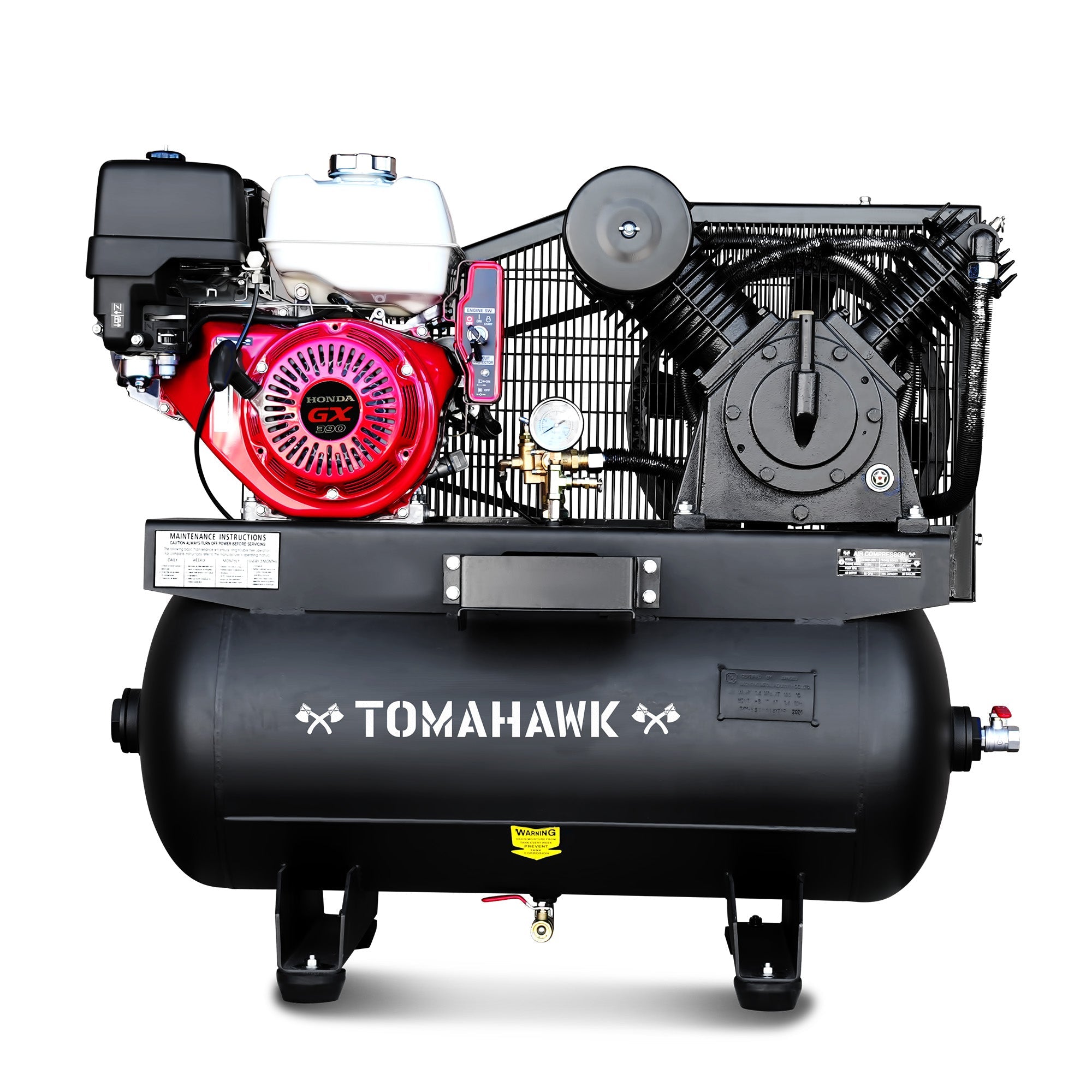 Tomahawk 30 Gallon Air Compressor 13HP Honda GX390 Engine Horizontal Tank 24.4 CFM @ 90 PSI Gas-Powered