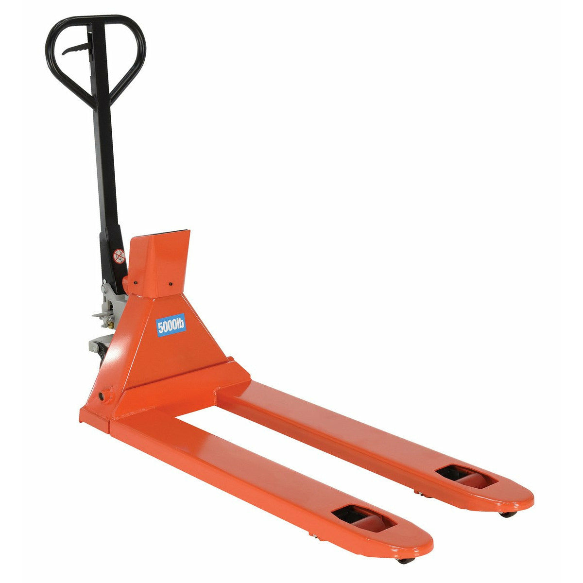 Vestil Steel Trade Legal Low Profile Pallet Truck with Scale 62 In. x 21-1/2 In. x 47-1/2 In. 5000 Lb. Capacity Red-PM-2146-TL-SCL-LP