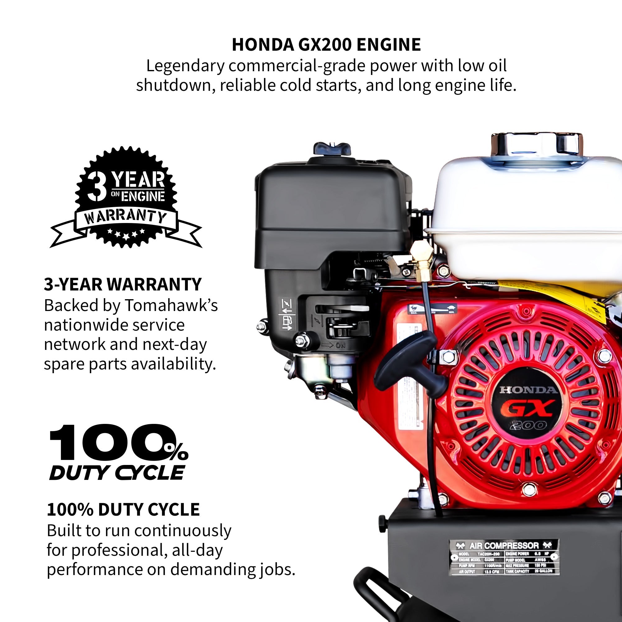 Tomahawk 20 Gallon Portable Air Compressor 6.5HP Honda GX200 Engine Horizontal Tank 13.5 CFM @ 90 PSI Gas-Powered