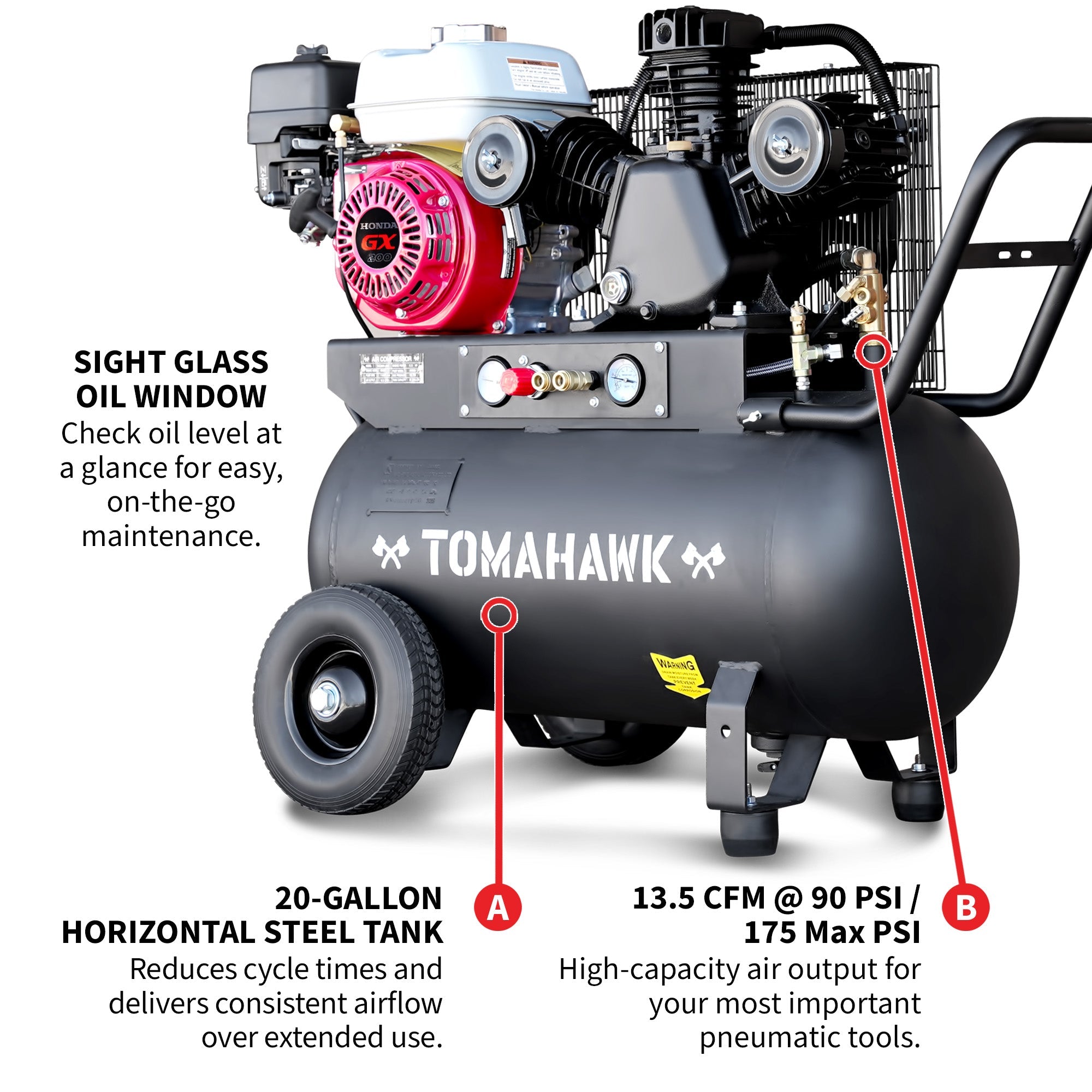Tomahawk 20 Gallon Portable Air Compressor 6.5HP Honda GX200 Engine Horizontal Tank 13.5 CFM @ 90 PSI Gas-Powered
