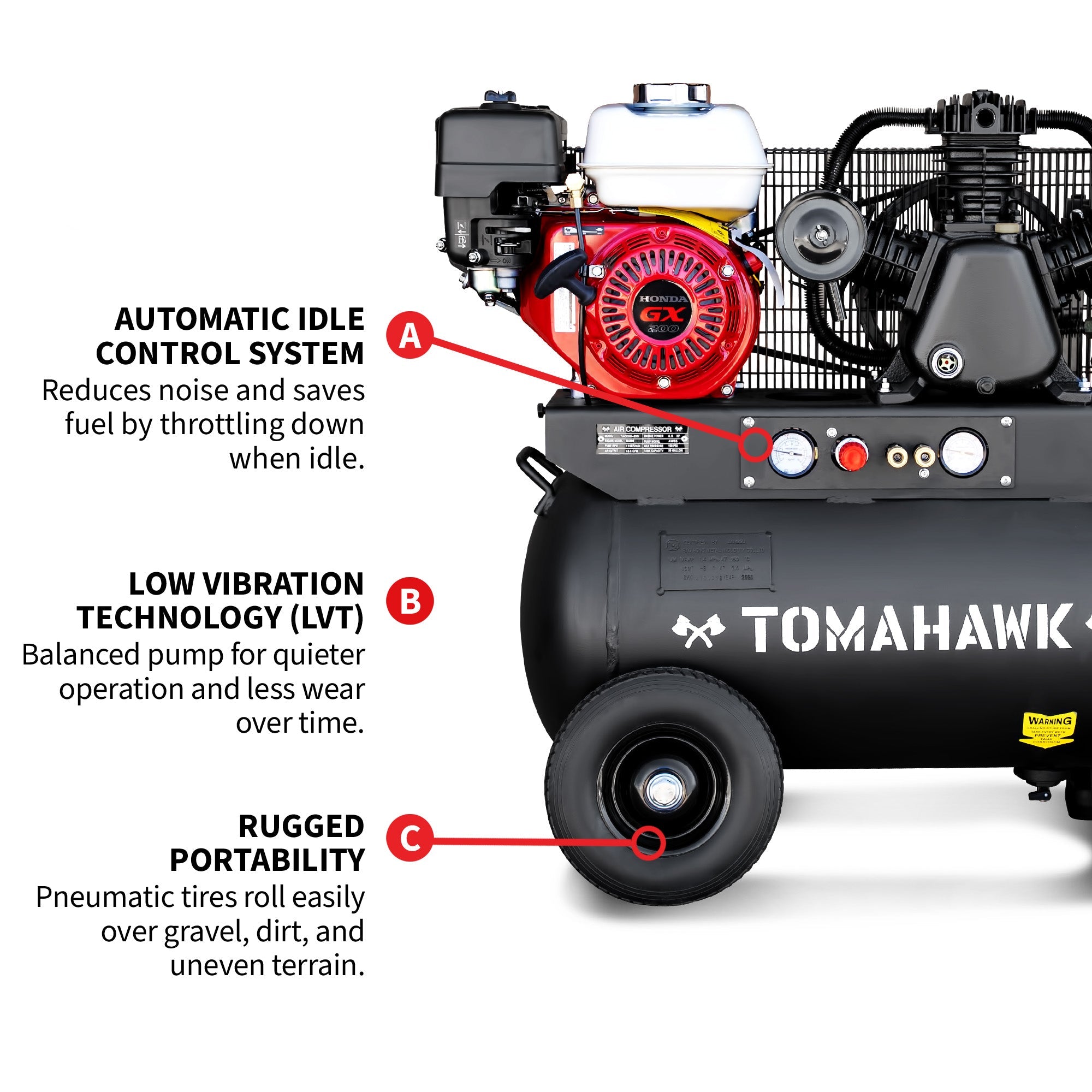 Tomahawk 20 Gallon Portable Air Compressor 6.5HP Honda GX200 Engine Horizontal Tank 13.5 CFM @ 90 PSI Gas-Powered