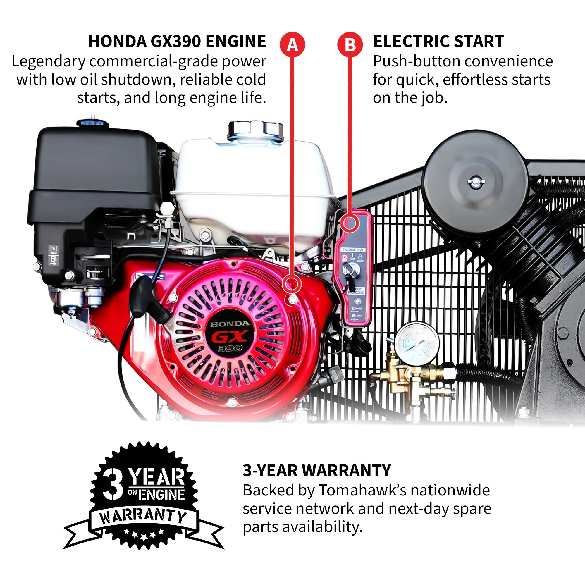 Tomahawk 30 Gallon Air Compressor 13HP Honda GX390 Engine Horizontal Tank 24.4 CFM @ 90 PSI Gas-Powered