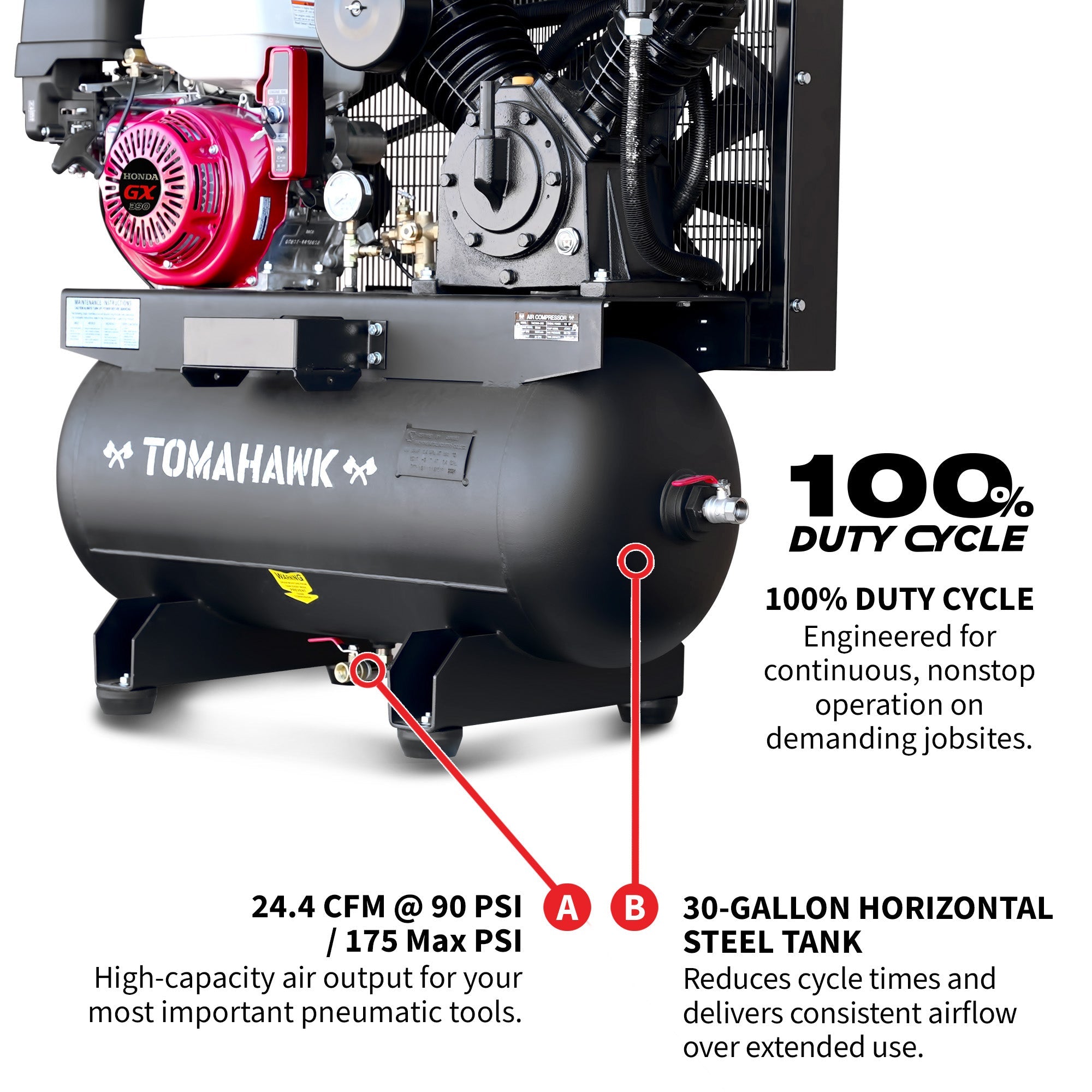 Tomahawk 30 Gallon Air Compressor 13HP Honda GX390 Engine Horizontal Tank 24.4 CFM @ 90 PSI Gas-Powered