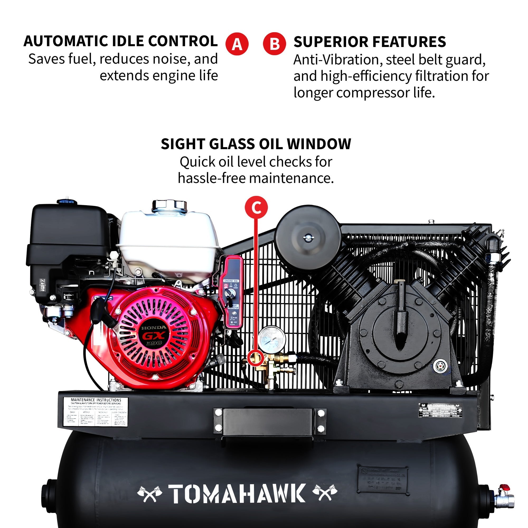 Tomahawk 30 Gallon Air Compressor 13HP Honda GX390 Engine Horizontal Tank 24.4 CFM @ 90 PSI Gas-Powered
