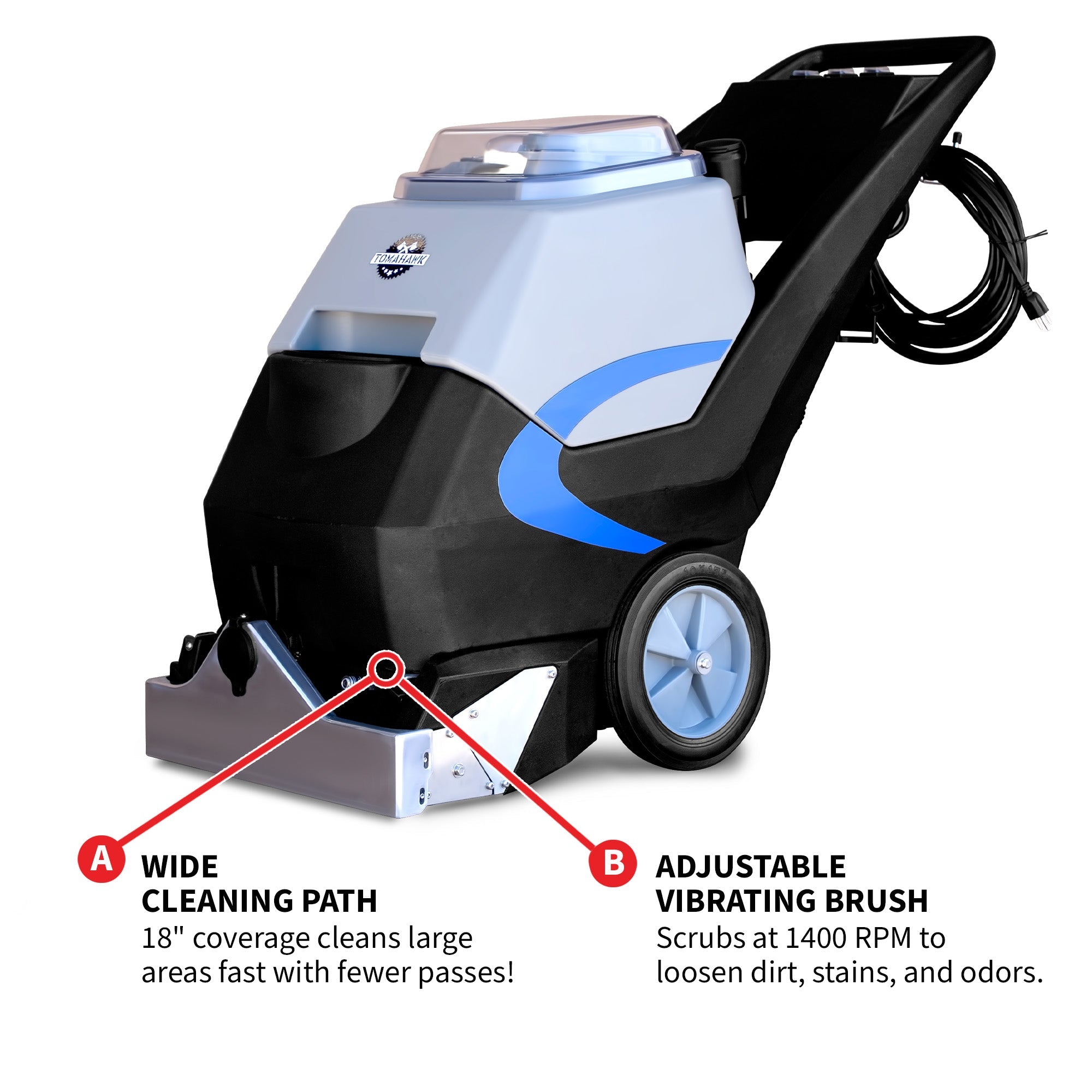 Tomahawk 3-in-1 Commercial Carpet Extractor Cleaner, 18” Width, 9 Gallon Dual Tanks, Dual 1000W Motors for Hotels, Offices & Upholstery