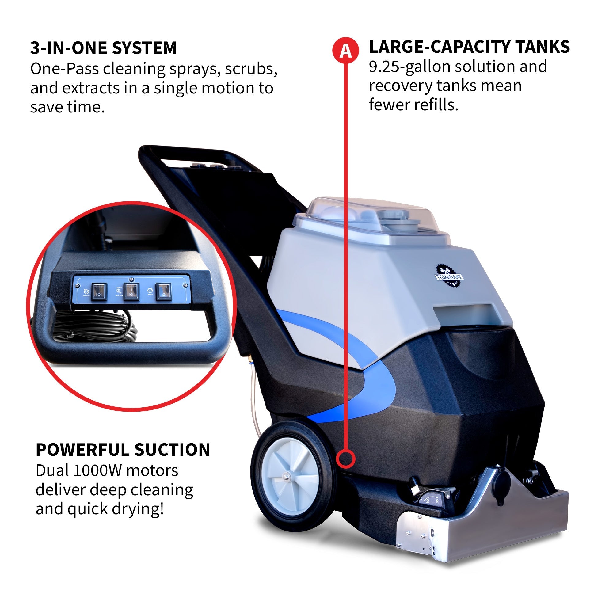 Tomahawk 3-in-1 Commercial Carpet Extractor Cleaner, 18” Width, 9 Gallon Dual Tanks, Dual 1000W Motors for Hotels, Offices & Upholstery