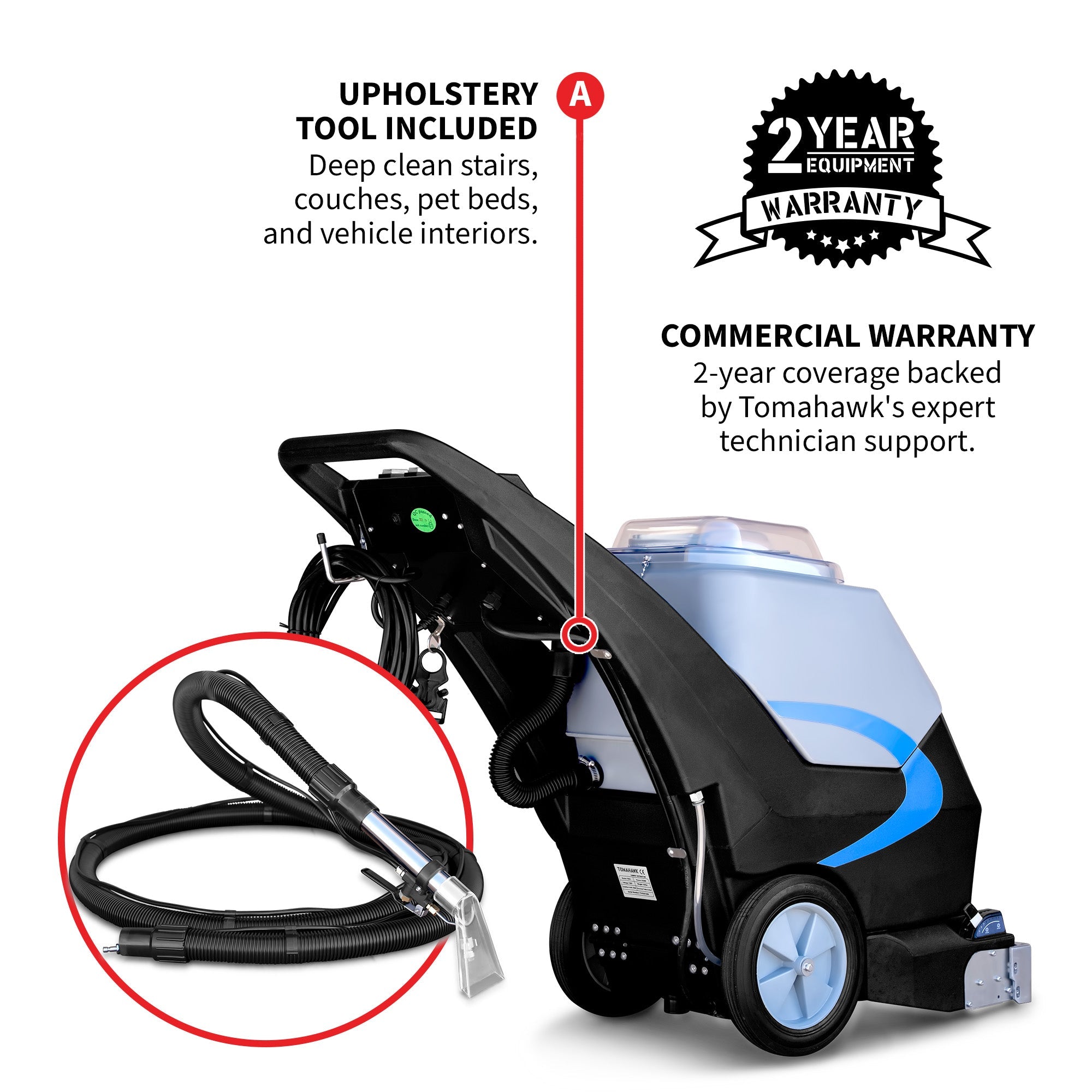 Tomahawk 3-in-1 Commercial Carpet Extractor Cleaner, 18” Width, 9 Gallon Dual Tanks, Dual 1000W Motors for Hotels, Offices & Upholstery