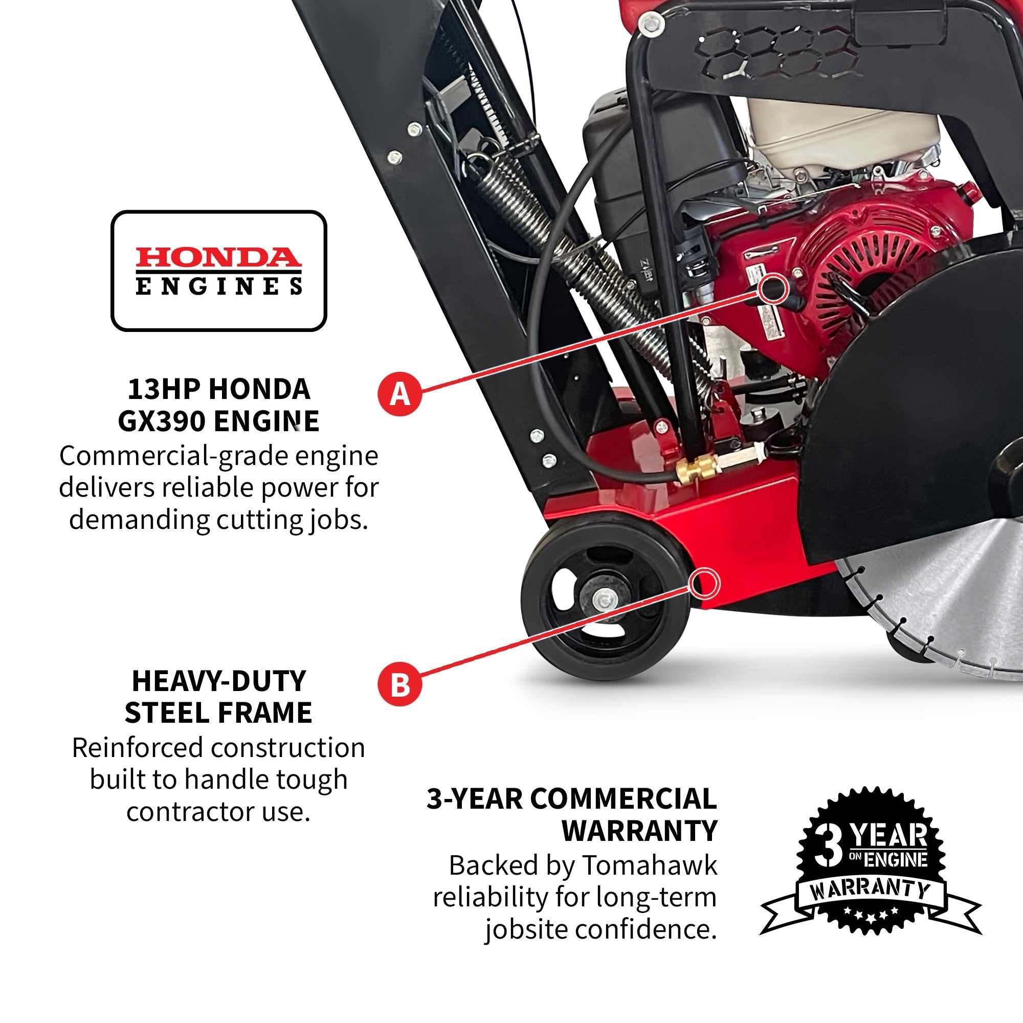 Tomahawk 20 Inch Walk Behind Concrete Saw with 13 HP Honda Water Tank GX390 Engine for Asphalt Concrete Cutting