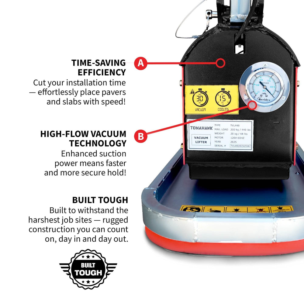 Tomahawk 440 lb Electric Paver Slab Vacuum Lifter 1200W for Hardscaping, Concrete, and Stone Placement - Machine Horizon