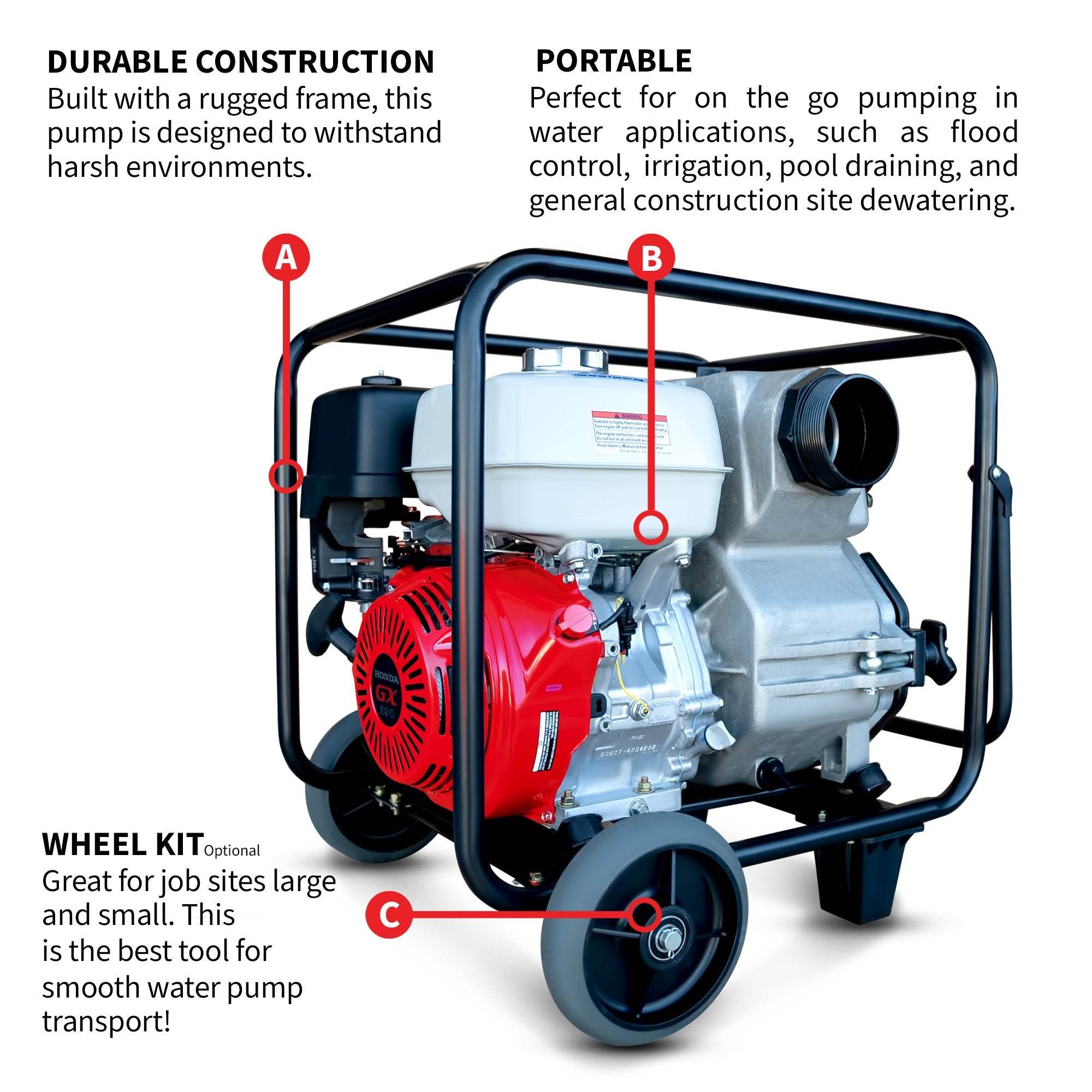 Tomahawk 4 Inch Trash Water Pump 423 GPM 13 HP GX390 powered by Honda Portable Utility - Machine Horizon