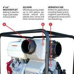 Tomahawk 4 Inch Trash Water Pump 423 GPM 13 HP GX390 powered by Honda Portable Utility - Machine Horizon
