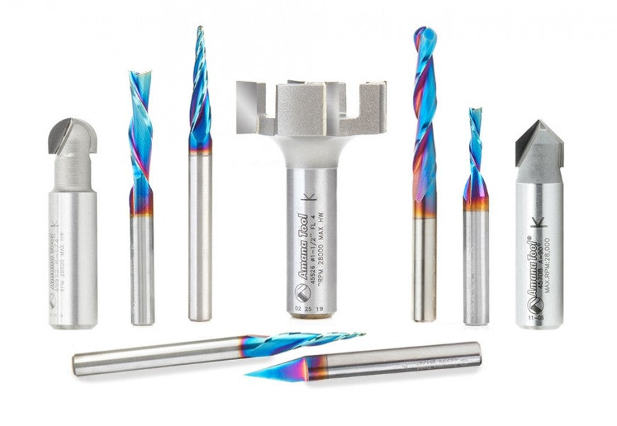 Axiom 9-Pc Pro CNC Router Bit Set, Spektra Coated, Mixed 1/2 and 1/4 in Shanks ABS900