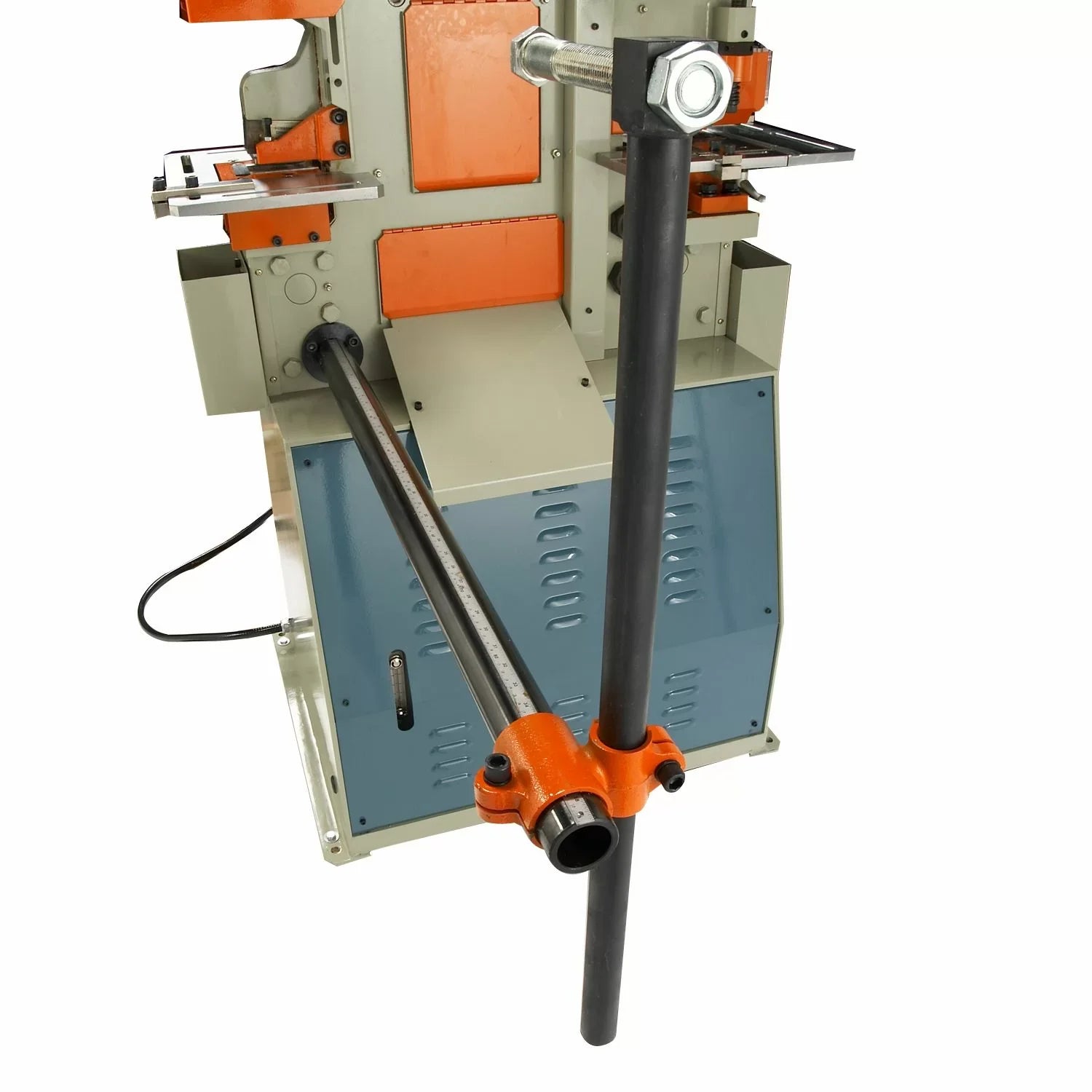 Mechanical press with orange and gray components on a white background