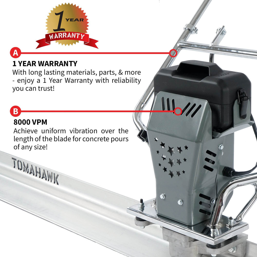 Tomahawk Battery Powered Vibrating Concrete Power Screed 36V/5Ah Float Finishing Tool (Choose 4ft, 6ft, 8ft, 10ft, 12ft, 14ft) - Machine Horizon