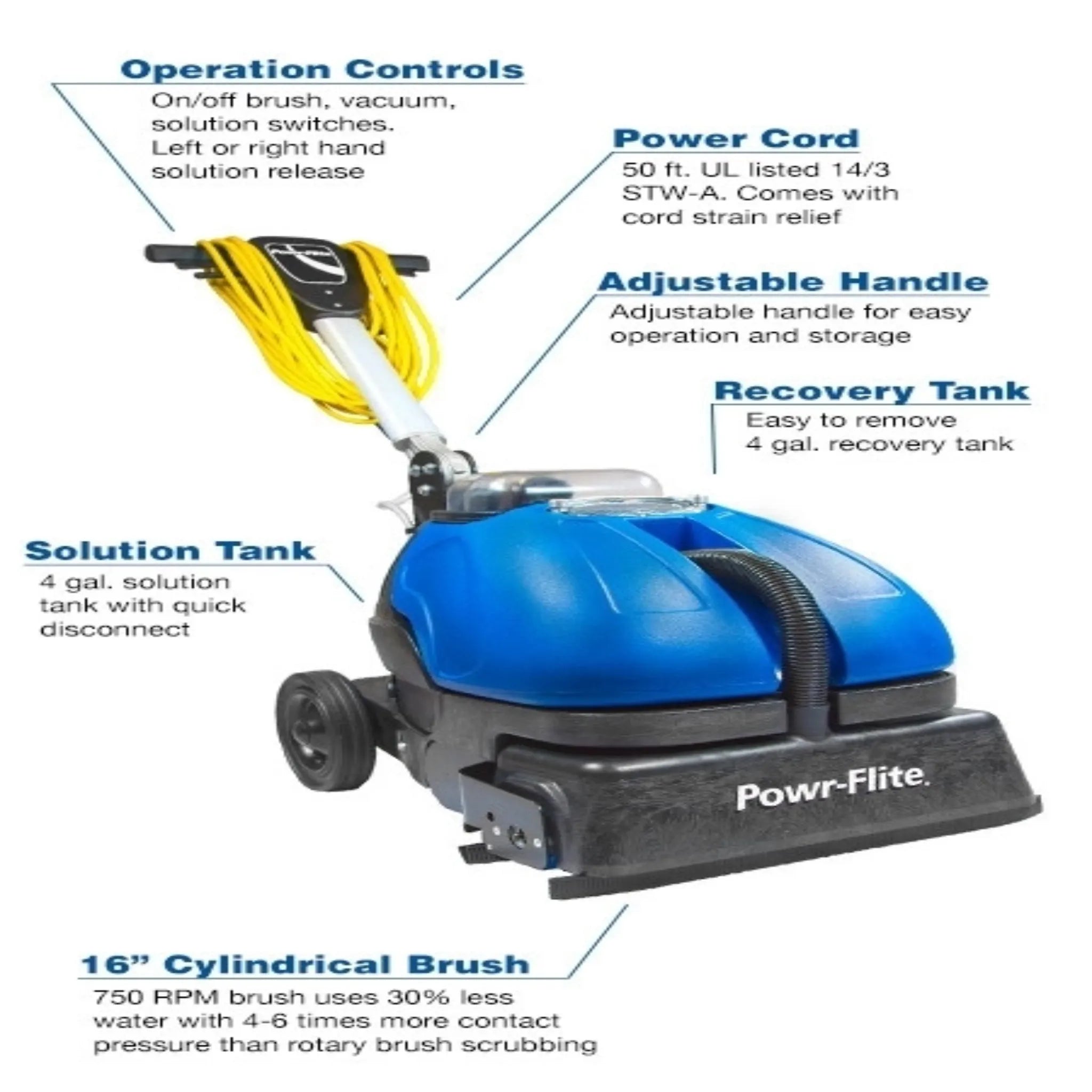 Powr-Flite CAS16 Compact Floor Scrubber – 750 RPM, 12500 sq ft/hr