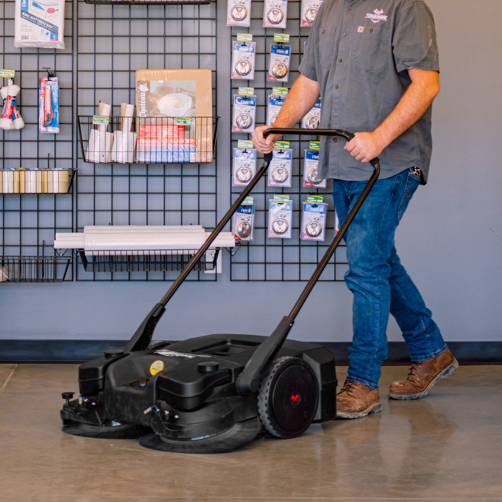 Tomahawk 30" Battery Powered Push Sweeper with Triple Power Brooms Electric Drive and Dust Suppression Sprayer - Machine Horizon