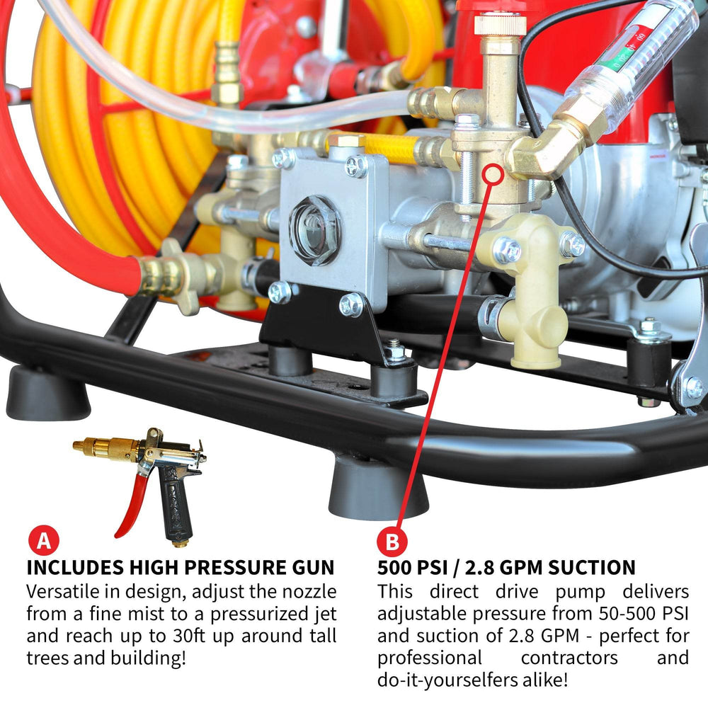 Tomahawk 1.6HP Skid Sprayer Barrel Mount Only with Honda GX35 100ft Hose and 500 PSI Pump for Pest Control - Machine Horizon