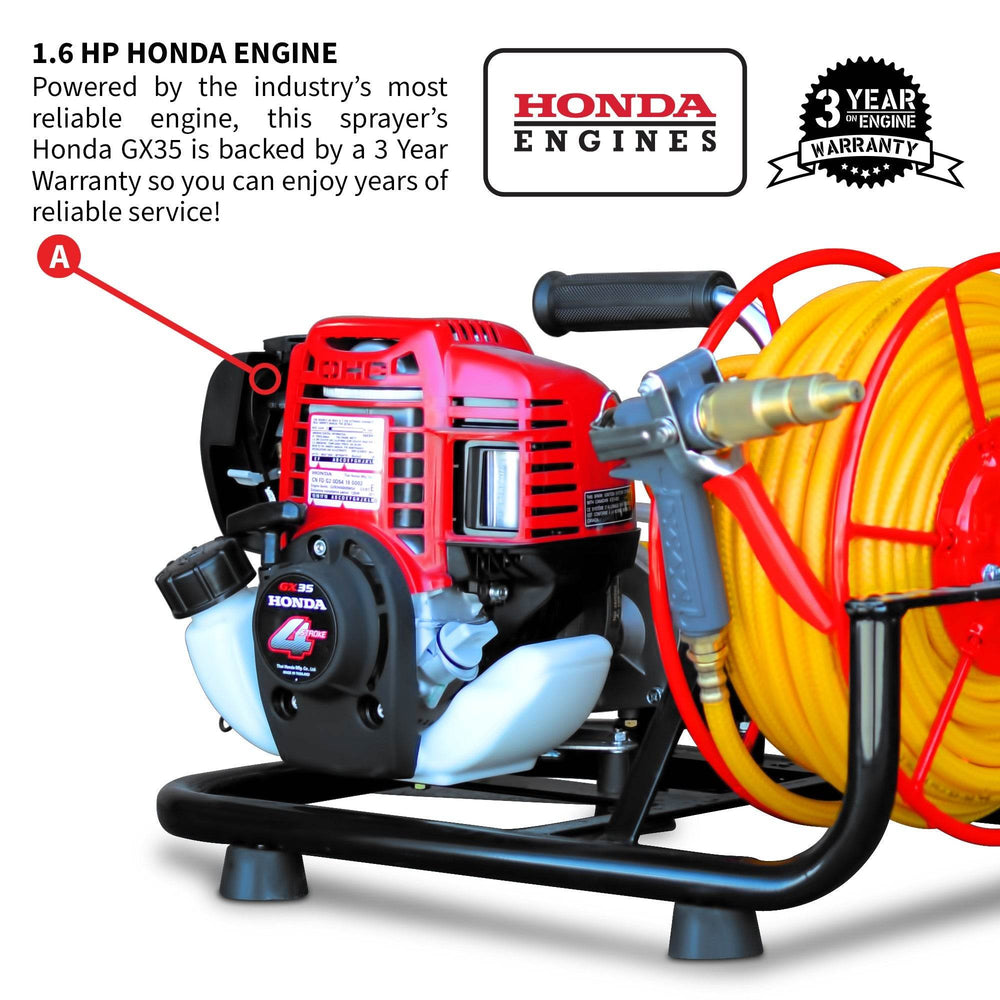 Tomahawk 1.6HP Skid Sprayer Barrel Mount Only with Honda GX35 100ft Hose and 500 PSI Pump for Pest Control - Machine Horizon