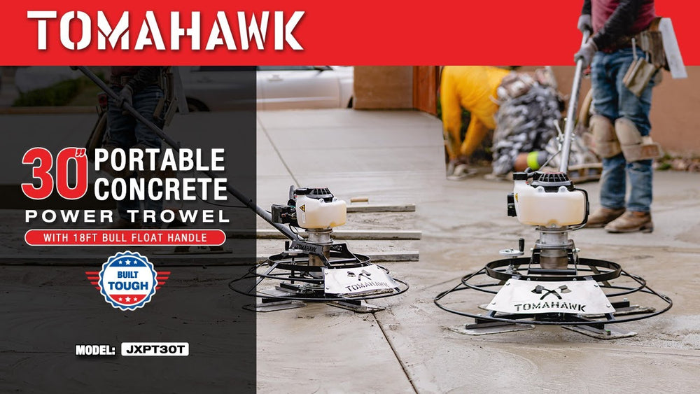 Tomahawk 30" Portable Concrete Power Trowel with 18ft Bull Float Handle 37cc Engine - Machine Horizon